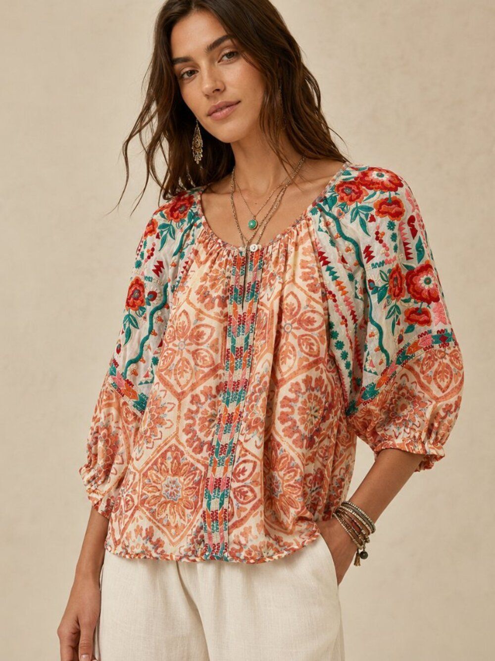 Tolani XS Embroidered Floral Peasant Blouse Boho Balloon Sleeve